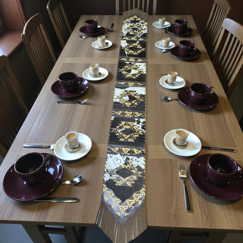 Tan Steer Skull Tooled Leather on Black White Cowhide Table Runner #13