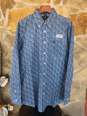 Men's Blue Floral Button Long Sleeve