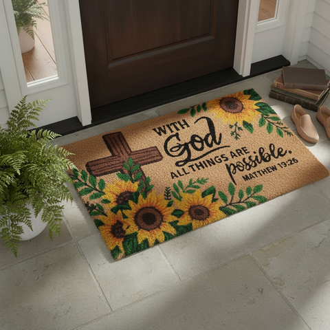 Sunflower Matthew 19:26 Coir Mat
