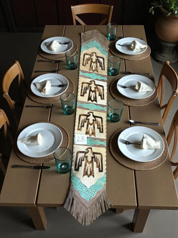 Turquoise Tooled Leather Thunderbird Cowhide Table Runner with Fringe #28