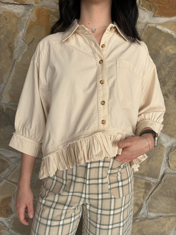 Bone Ruffle Cropped Button Up