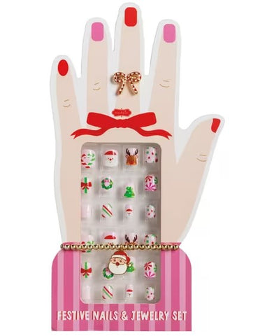 Kids Pink Christmas Nails and Jewelry Set