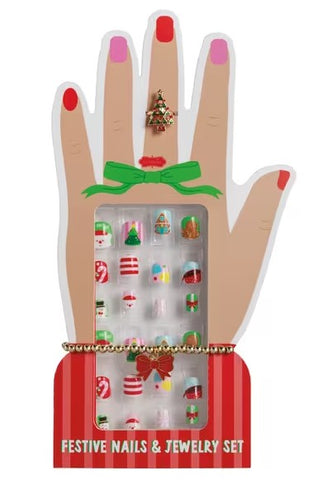 Kids Red Christmas Nails and Jewelry Set