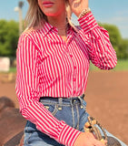 Red Pinstripe Structured Pullover Button Up