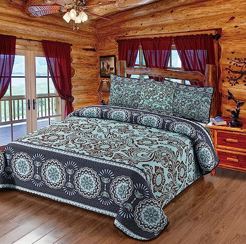 Turquoise and Gray Floral Quilt Bedding Set