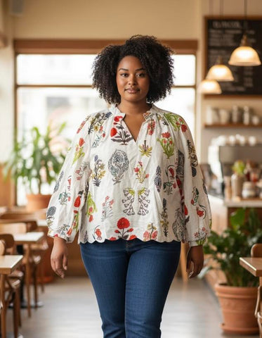 Plus Floral Scalloped Hem Blouse